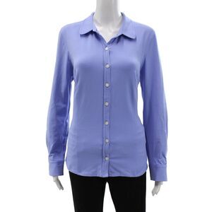 Hedge Women Collared Jersey Button-Up Solid Blue Cotton Long Sleeve Size XL
